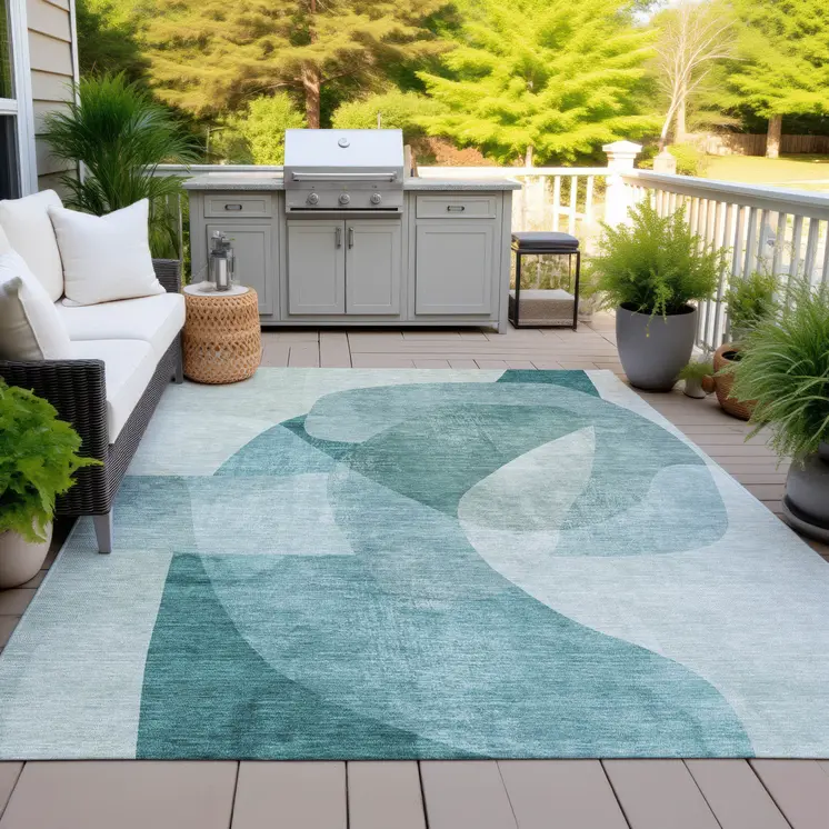 8' X 10' Teal Blue And Ivory Abstract Washable Indoor Outdoor Area Rug