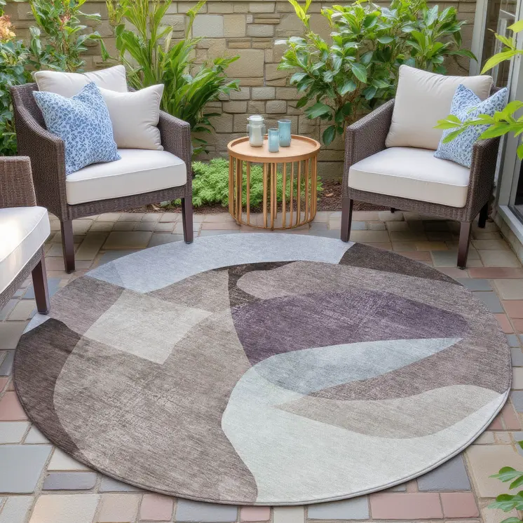 8' Brown And Taupe Round Abstract Washable Indoor Outdoor Area Rug