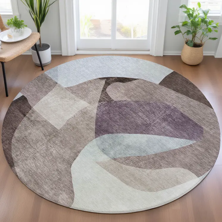 8' Brown And Taupe Round Abstract Washable Indoor Outdoor Area Rug