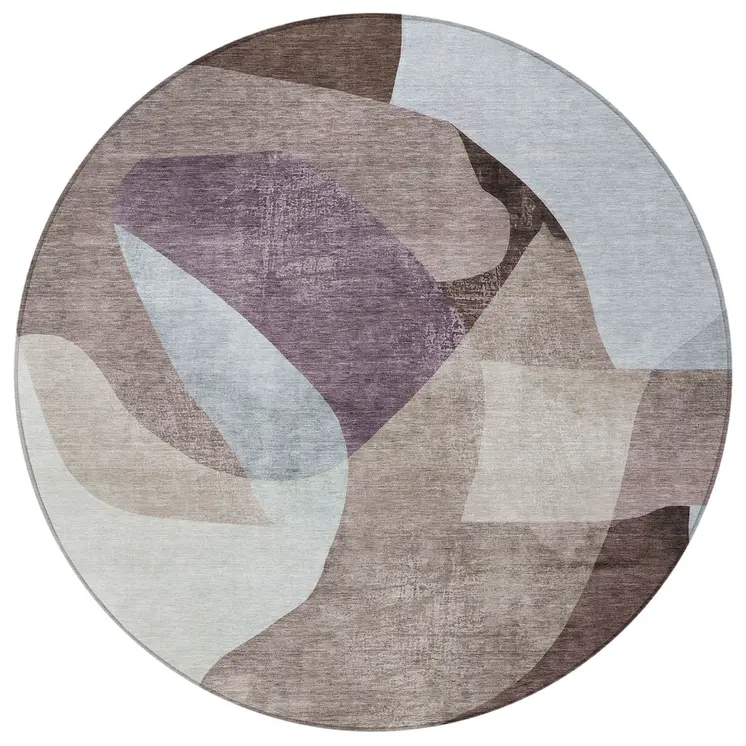 8' Brown And Taupe Round Abstract Washable Indoor Outdoor Area Rug
