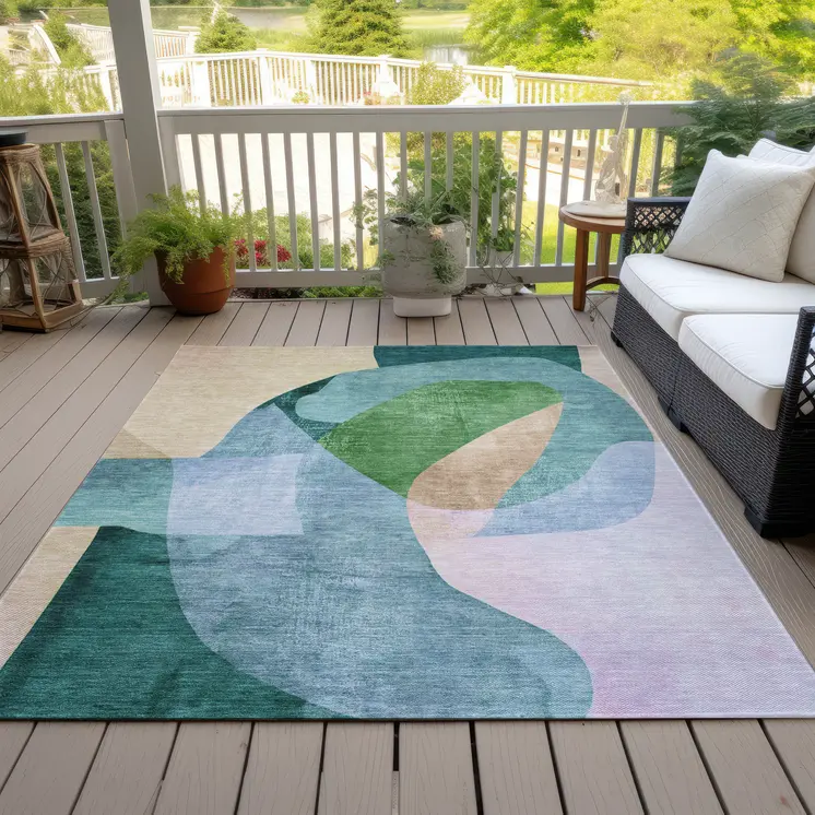 3' X 5' Green And Teal Blue Abstract Washable Indoor Outdoor Area Rug