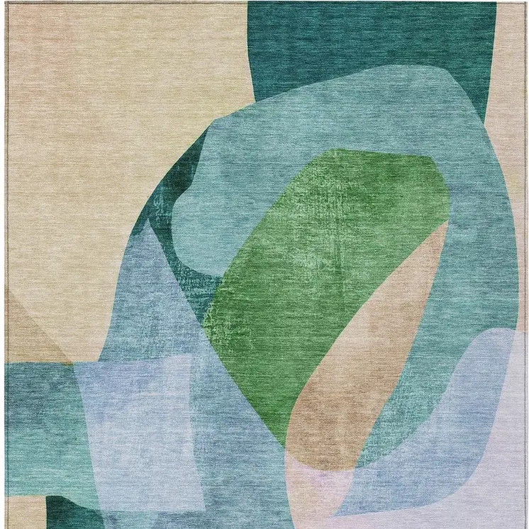 5' X 8' Green And Teal Blue Abstract Washable Indoor Outdoor Area Rug