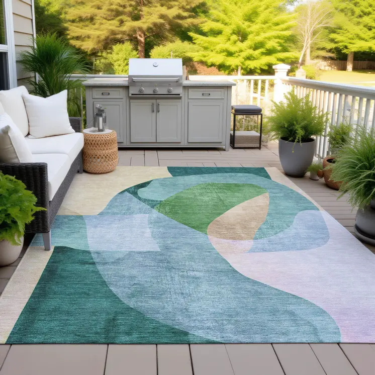 5' X 8' Green And Teal Blue Abstract Washable Indoor Outdoor Area Rug