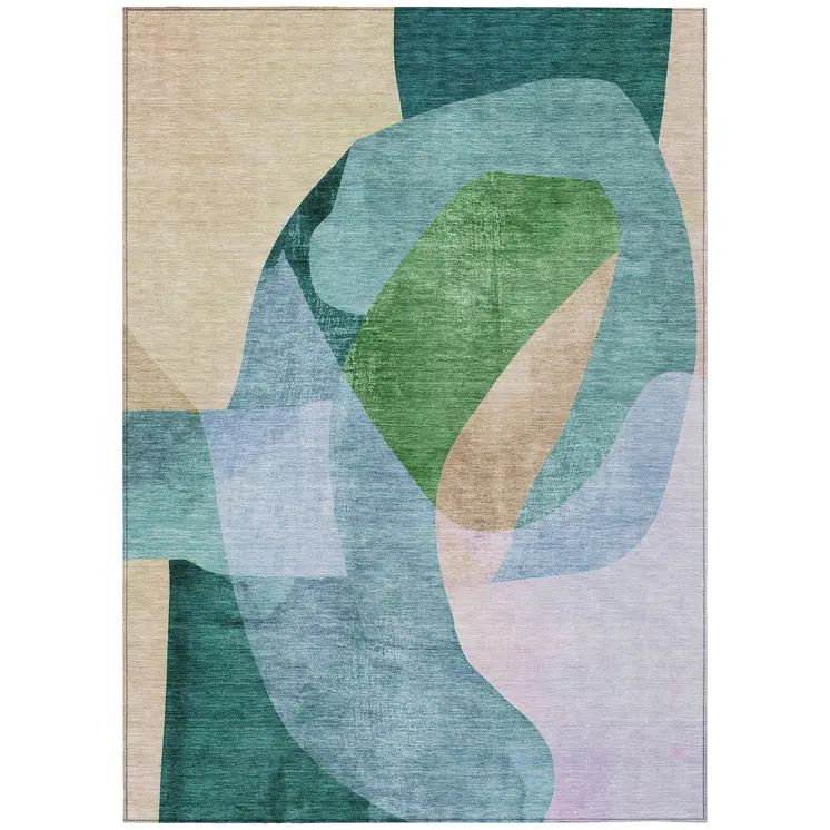 5' X 8' Green And Teal Blue Abstract Washable Indoor Outdoor Area Rug