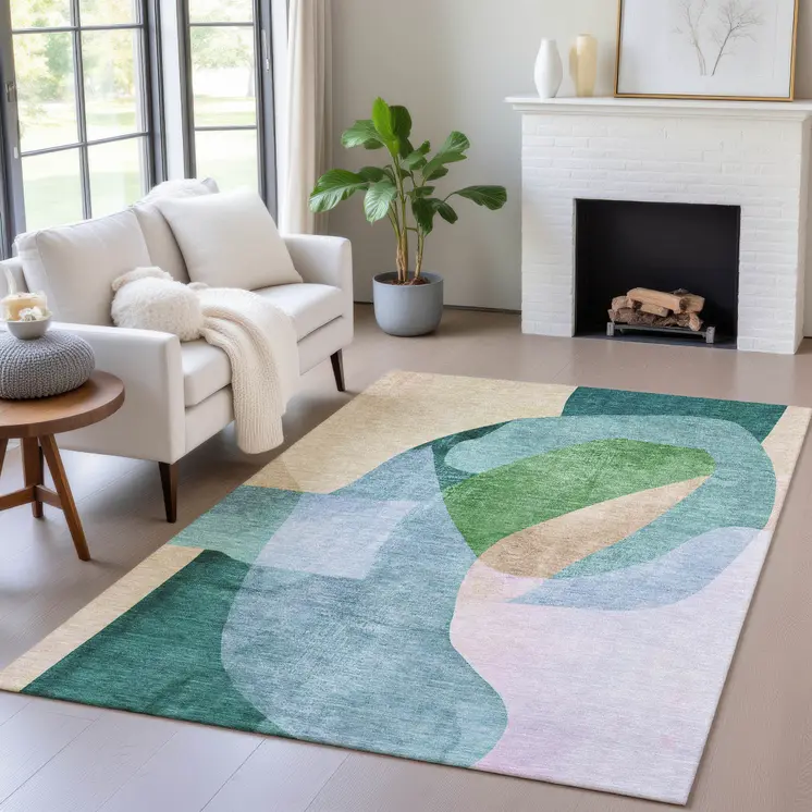 5' X 8' Green And Teal Blue Abstract Washable Indoor Outdoor Area Rug