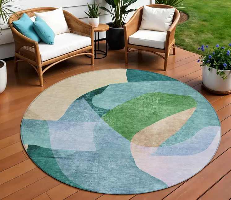 8' Green And Teal Blue Round Abstract Washable Indoor Outdoor Area Rug