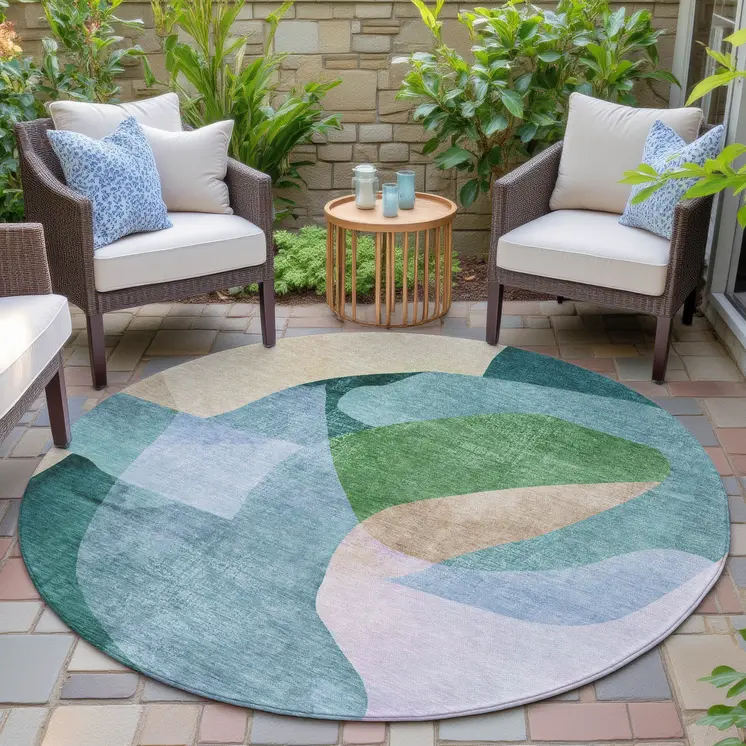 8' Green And Teal Blue Round Abstract Washable Indoor Outdoor Area Rug