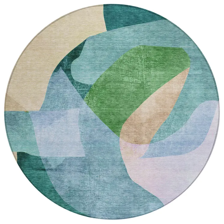 8' Green And Teal Blue Round Abstract Washable Indoor Outdoor Area Rug
