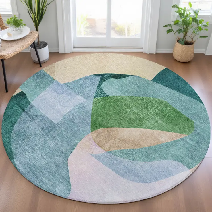 8' Green And Teal Blue Round Abstract Washable Indoor Outdoor Area Rug