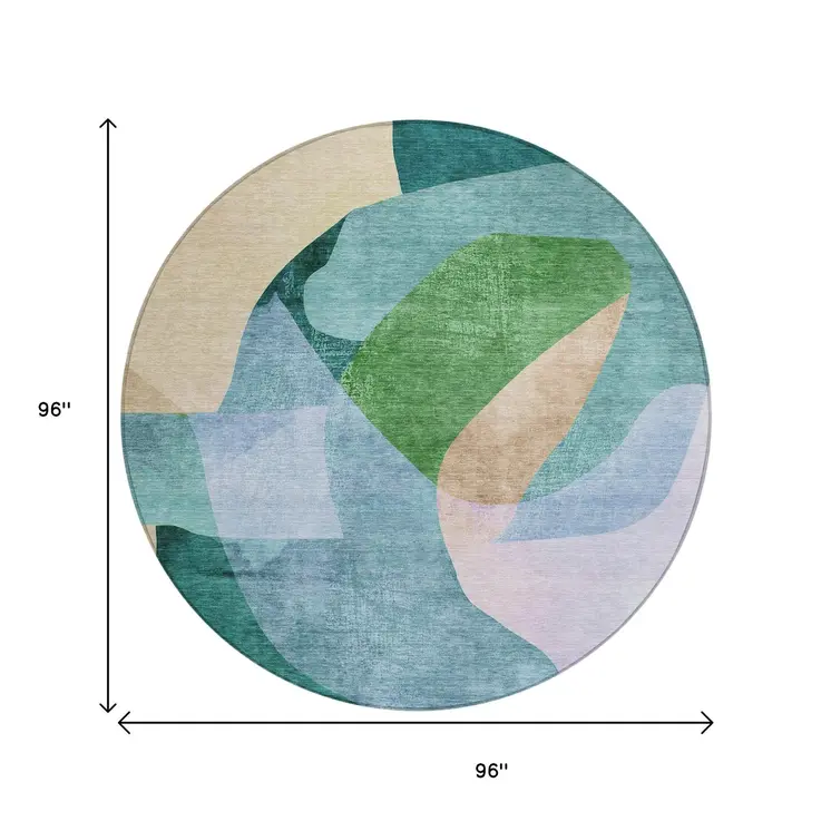 8' Green And Teal Blue Round Abstract Washable Indoor Outdoor Area Rug