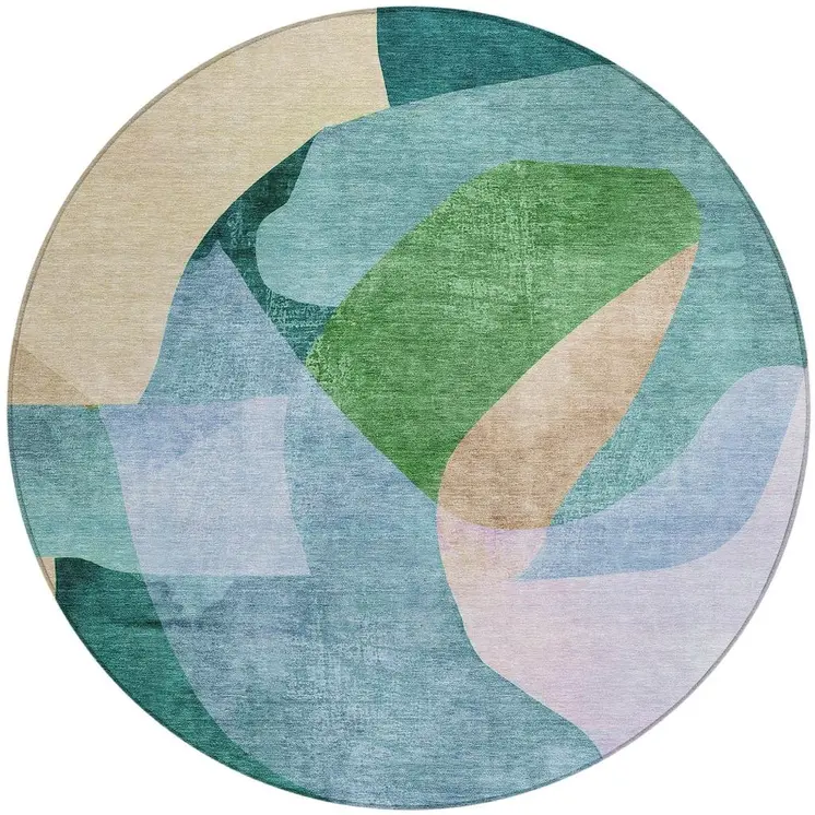 8' Green And Teal Blue Round Abstract Washable Indoor Outdoor Area Rug