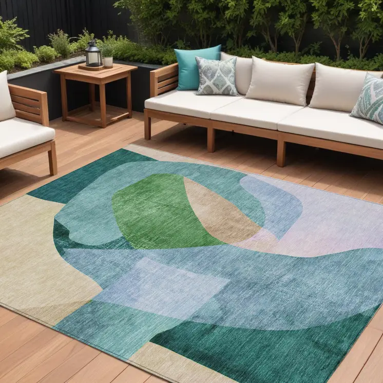 9' X 12' Green And Teal Blue Abstract Washable Indoor Outdoor Area Rug