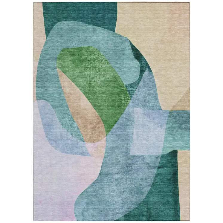 10' X 14' Green And Teal Blue Abstract Washable Indoor Outdoor Area Rug