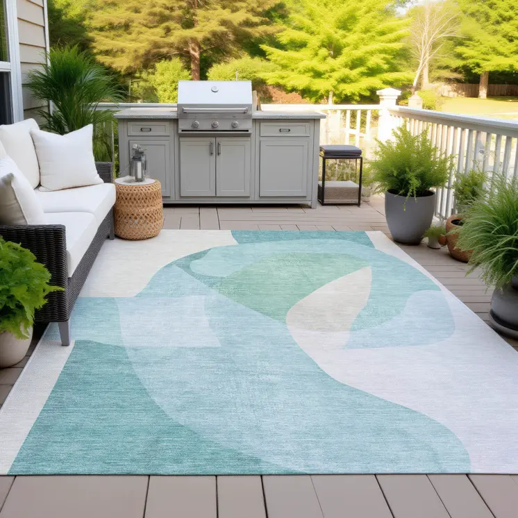 3' X 5' Pale Aqua And Beige Abstract Washable Indoor Outdoor Area Rug