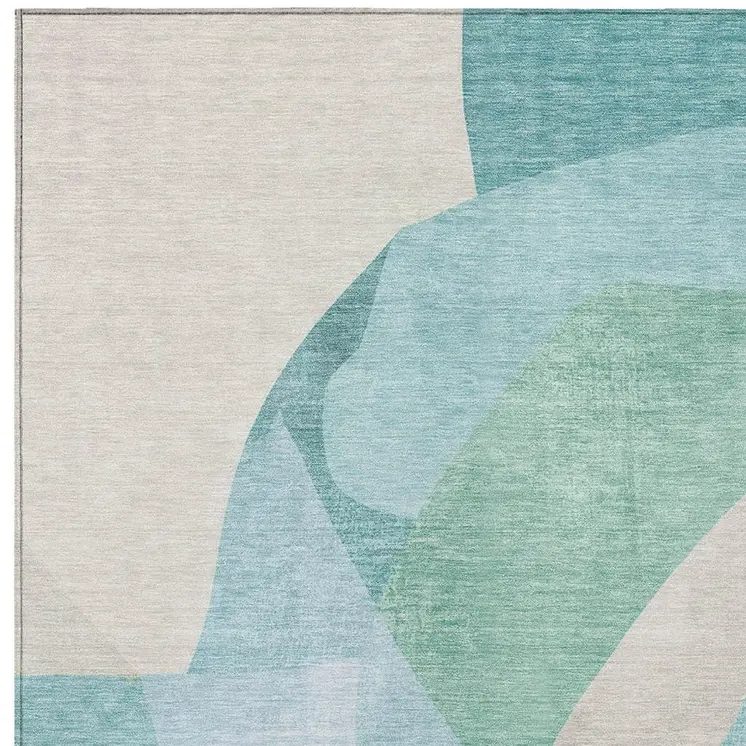 3' X 5' Pale Aqua And Beige Abstract Washable Indoor Outdoor Area Rug