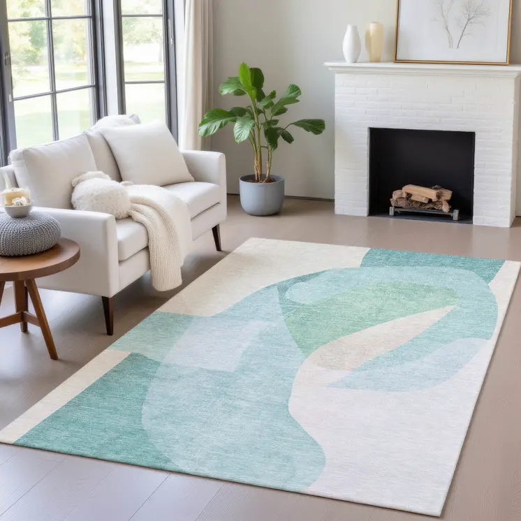 3' X 5' Pale Aqua And Beige Abstract Washable Indoor Outdoor Area Rug
