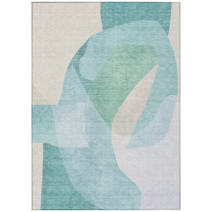 5' X 8' Pale Aqua And Beige Abstract Washable Indoor Outdoor Area Rug