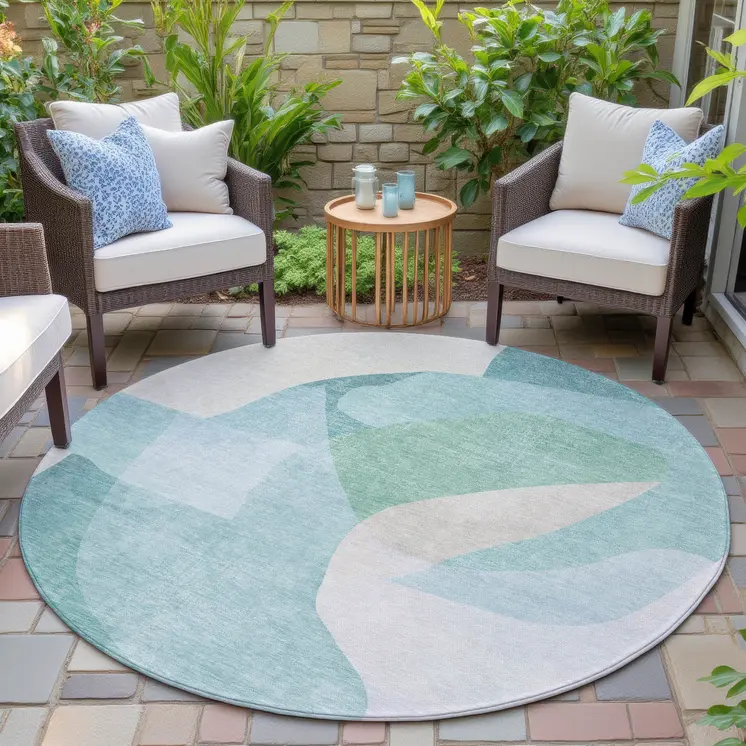 8' Pale Aqua And Beige Round Abstract Washable Indoor Outdoor Area Rug