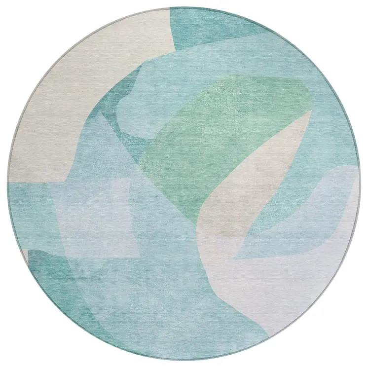 8' Pale Aqua And Beige Round Abstract Washable Indoor Outdoor Area Rug