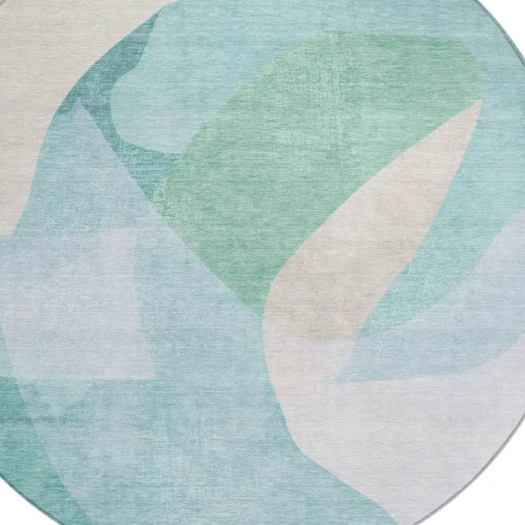 8' Pale Aqua And Beige Round Abstract Washable Indoor Outdoor Area Rug