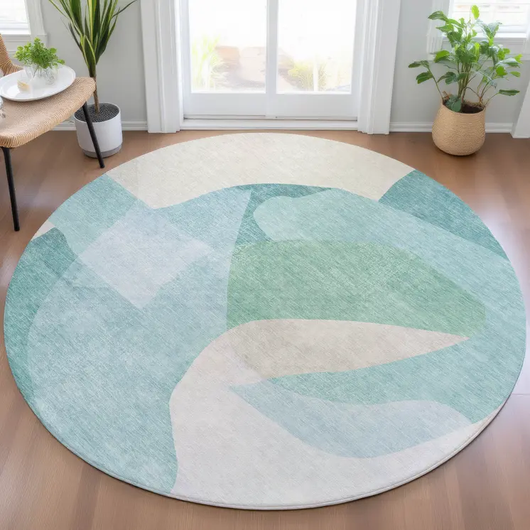 8' Pale Aqua And Beige Round Abstract Washable Indoor Outdoor Area Rug