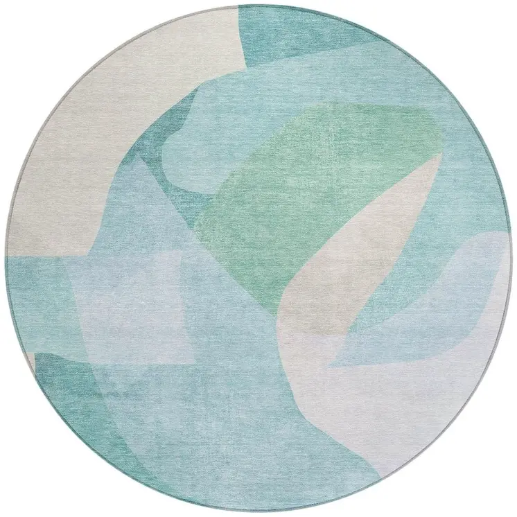 8' Pale Aqua And Beige Round Abstract Washable Indoor Outdoor Area Rug