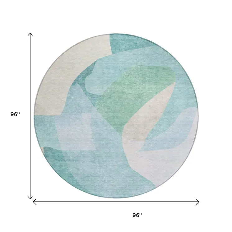 8' Pale Aqua And Beige Round Abstract Washable Indoor Outdoor Area Rug