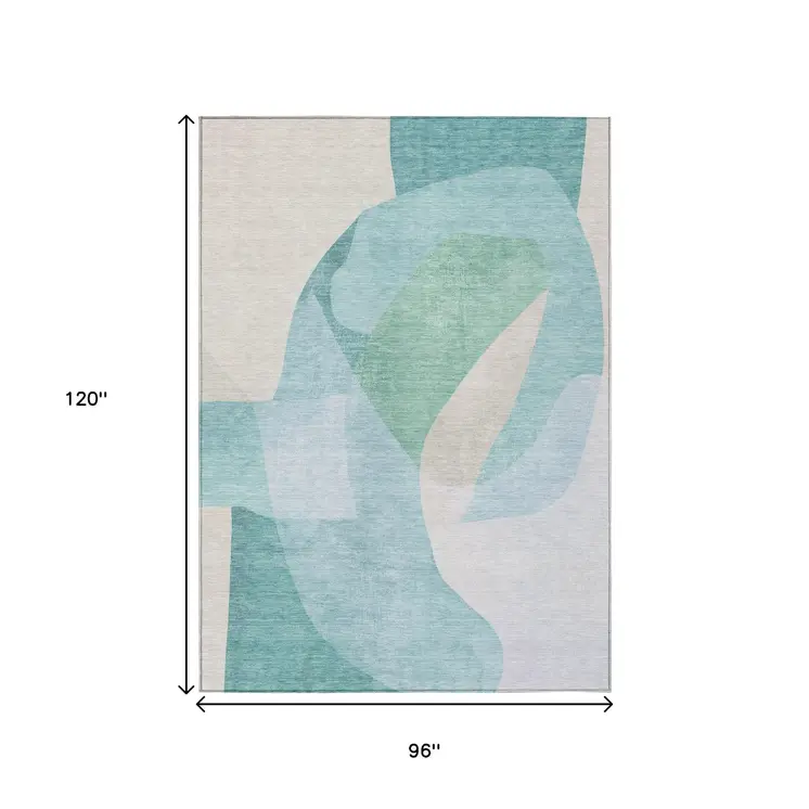 8' X 10' Pale Aqua And Beige Abstract Washable Indoor Outdoor Area Rug