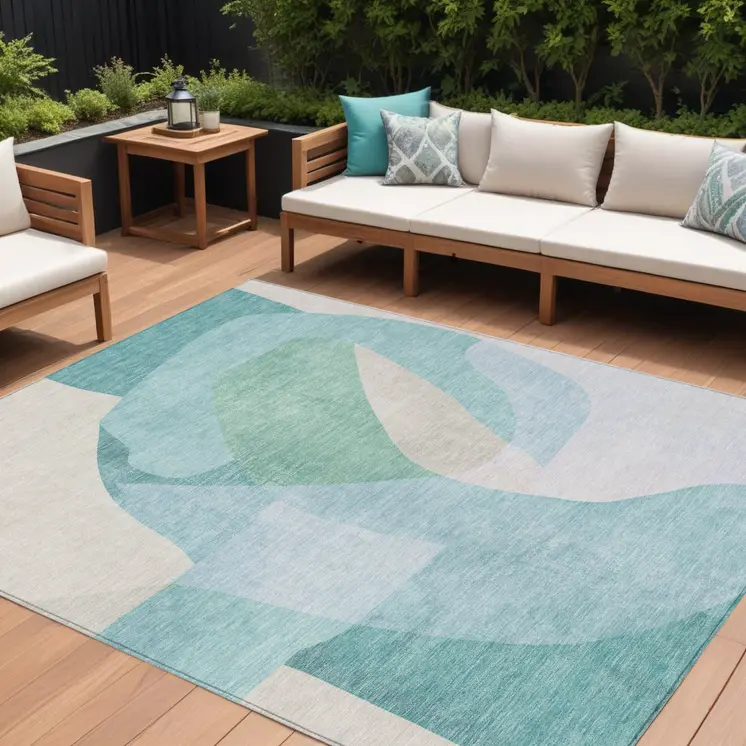8' X 10' Pale Aqua And Beige Abstract Washable Indoor Outdoor Area Rug