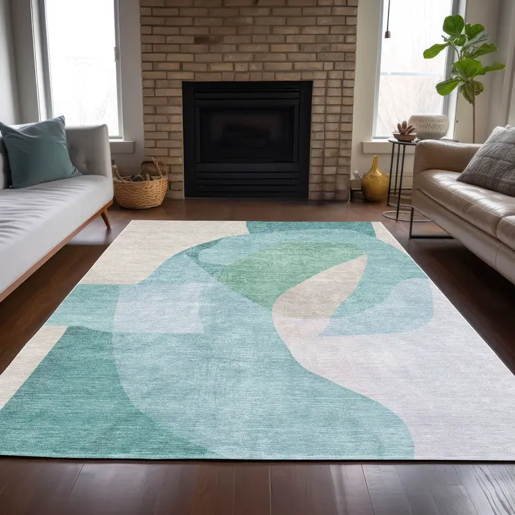 10' X 14' Pale Aqua And Beige Abstract Washable Indoor Outdoor Area Rug
