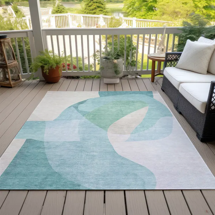 10' X 14' Pale Aqua And Beige Abstract Washable Indoor Outdoor Area Rug