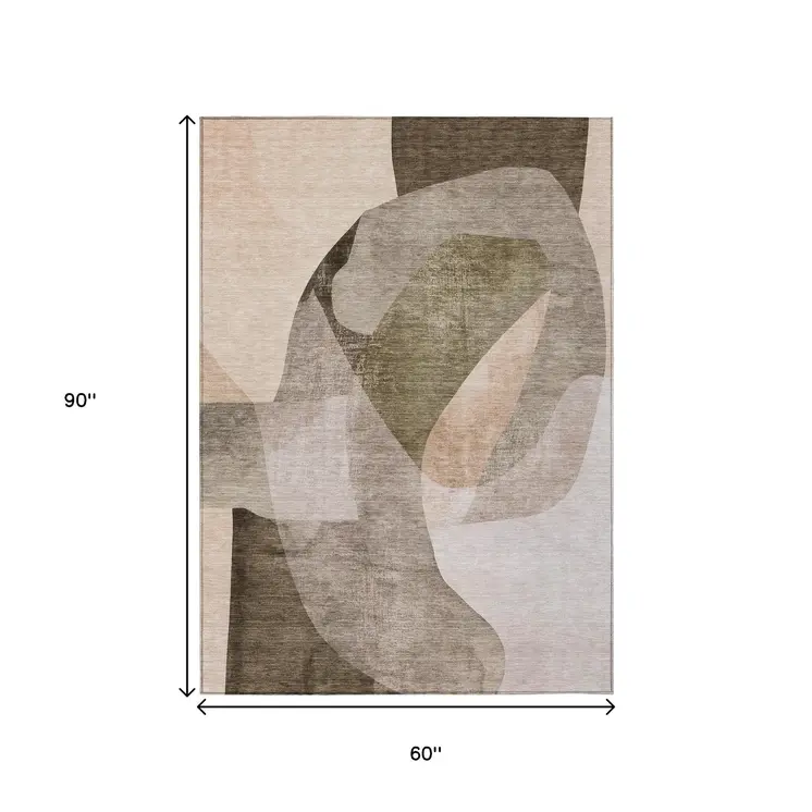 5' X 8' Taupe And Beige Abstract Washable Indoor Outdoor Area Rug