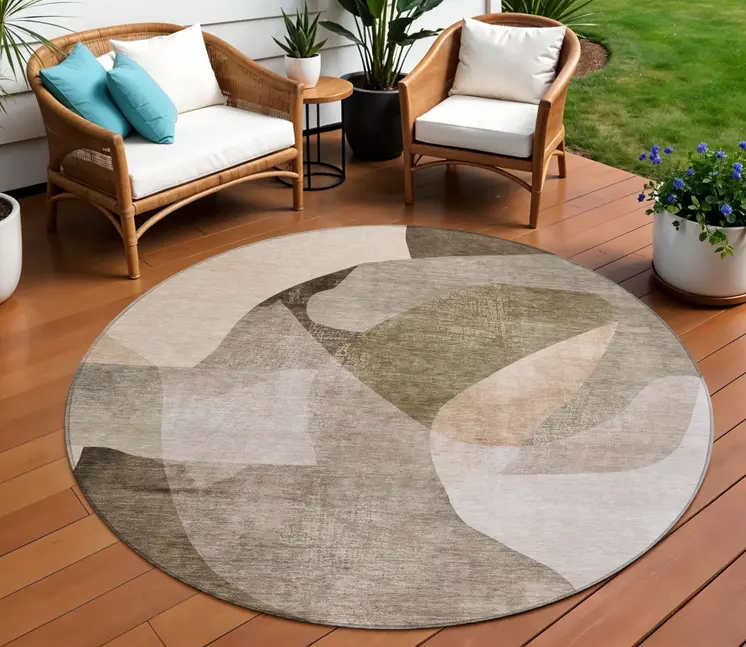 8' Taupe And Beige Round Abstract Washable Indoor Outdoor Area Rug