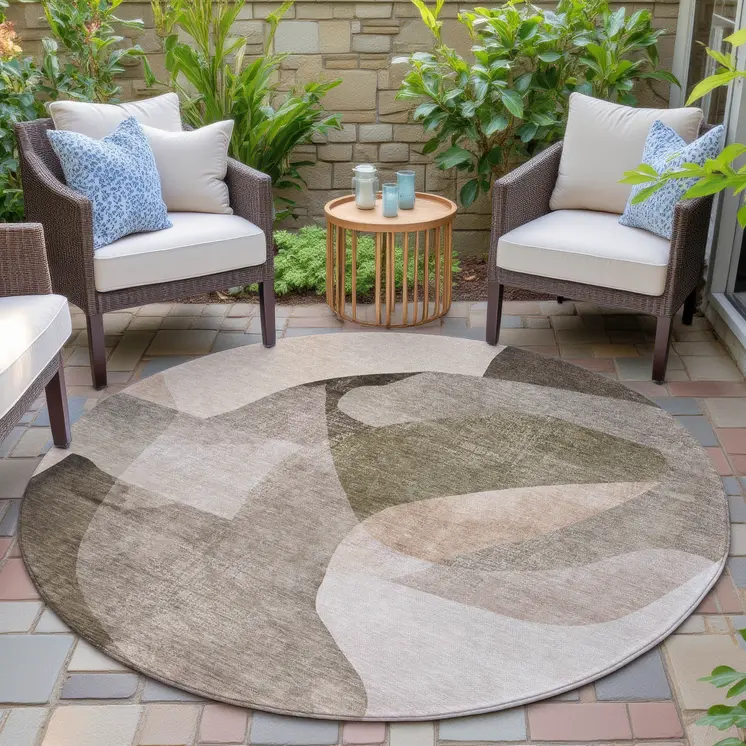 8' Taupe And Beige Round Abstract Washable Indoor Outdoor Area Rug