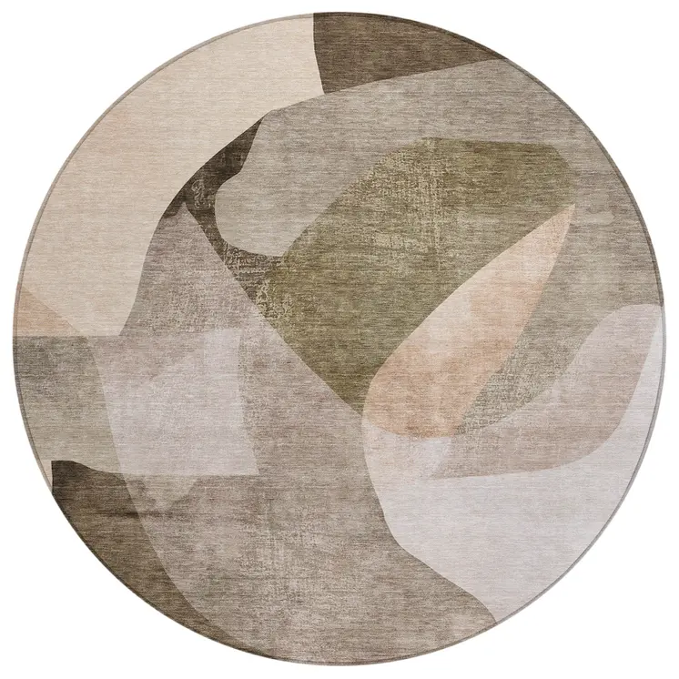 8' Taupe And Beige Round Abstract Washable Indoor Outdoor Area Rug