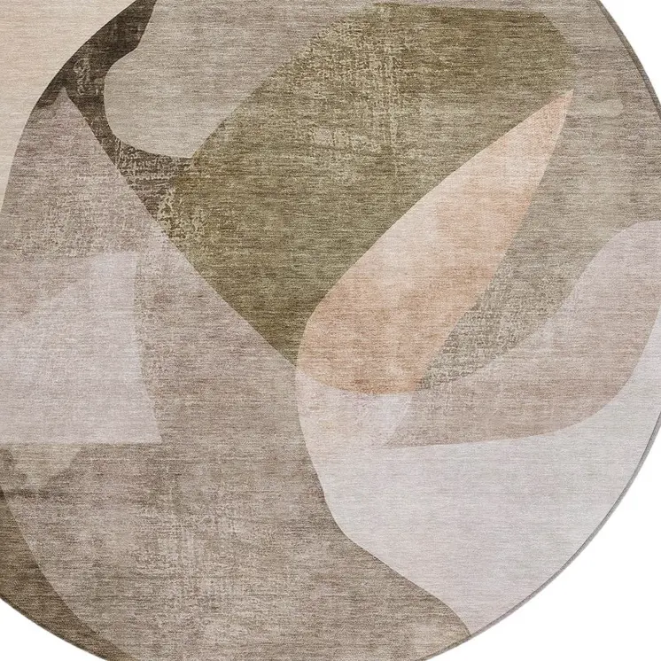 8' Taupe And Beige Round Abstract Washable Indoor Outdoor Area Rug