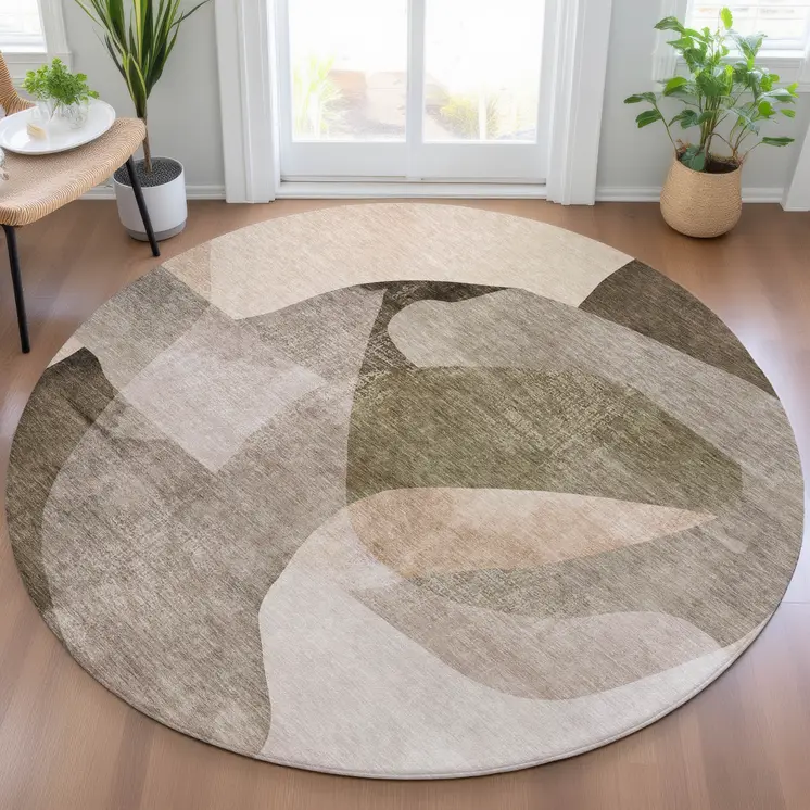8' Taupe And Beige Round Abstract Washable Indoor Outdoor Area Rug