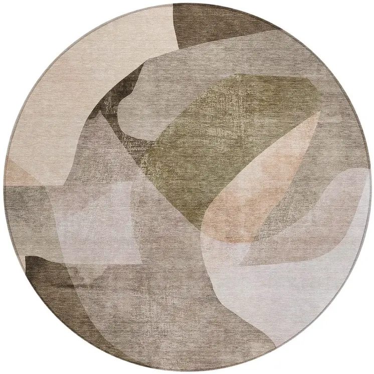 8' Taupe And Beige Round Abstract Washable Indoor Outdoor Area Rug