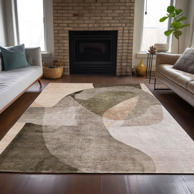 10' X 14' Taupe And Beige Abstract Washable Indoor Outdoor Area Rug
