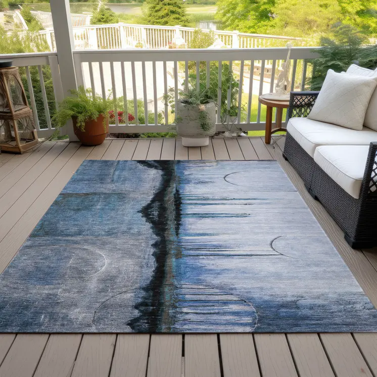 3' X 5' Blue And Charcoal Abstract Washable Indoor Outdoor Area Rug