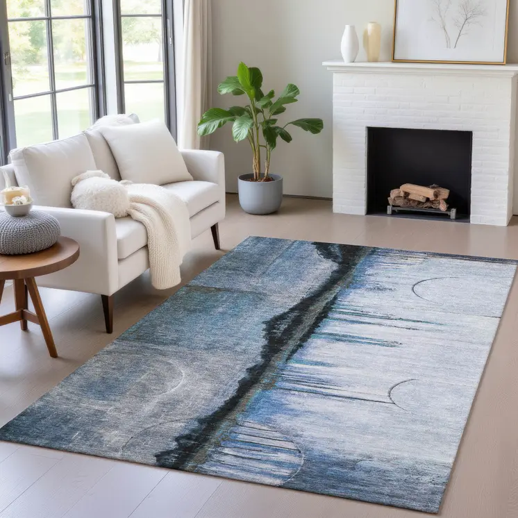 5' X 8' Blue And Charcoal Abstract Washable Indoor Outdoor Area Rug