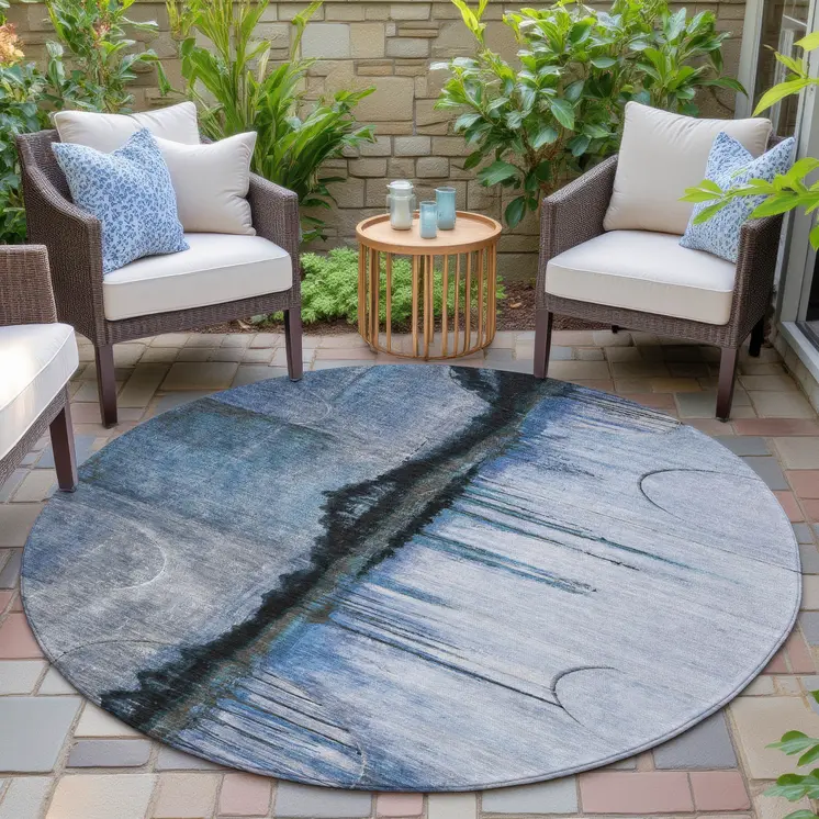 8' Blue And Charcoal Round Abstract Washable Indoor Outdoor Area Rug