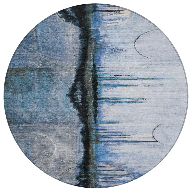 8' Blue And Charcoal Round Abstract Washable Indoor Outdoor Area Rug