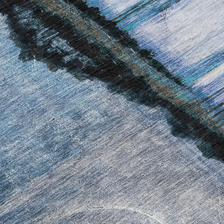 8' Blue And Charcoal Round Abstract Washable Indoor Outdoor Area Rug