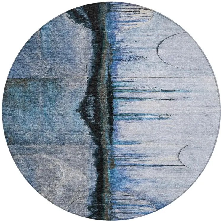 8' Blue And Charcoal Round Abstract Washable Indoor Outdoor Area Rug