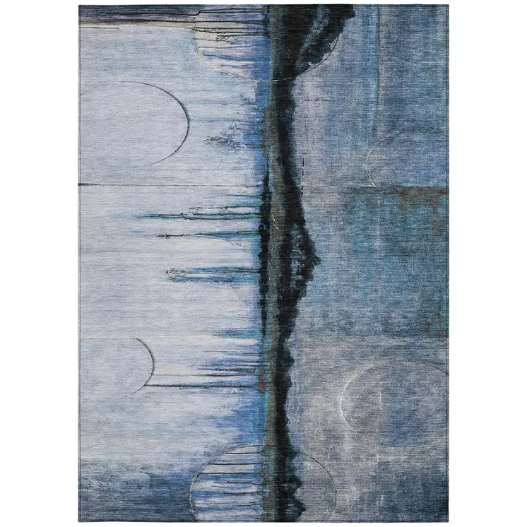 9' X 12' Blue And Charcoal Abstract Washable Indoor Outdoor Area Rug