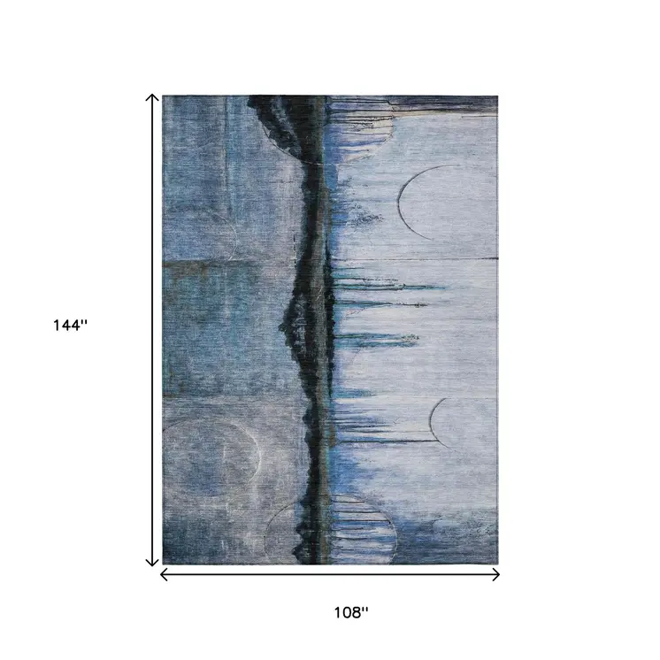 9' X 12' Blue And Charcoal Abstract Washable Indoor Outdoor Area Rug