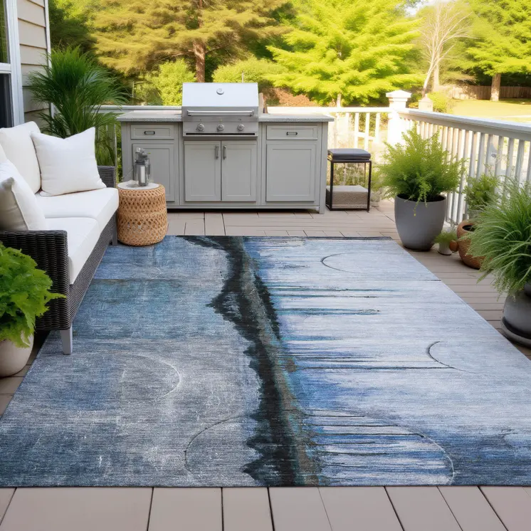 10' X 14' Blue And Charcoal Abstract Washable Indoor Outdoor Area Rug