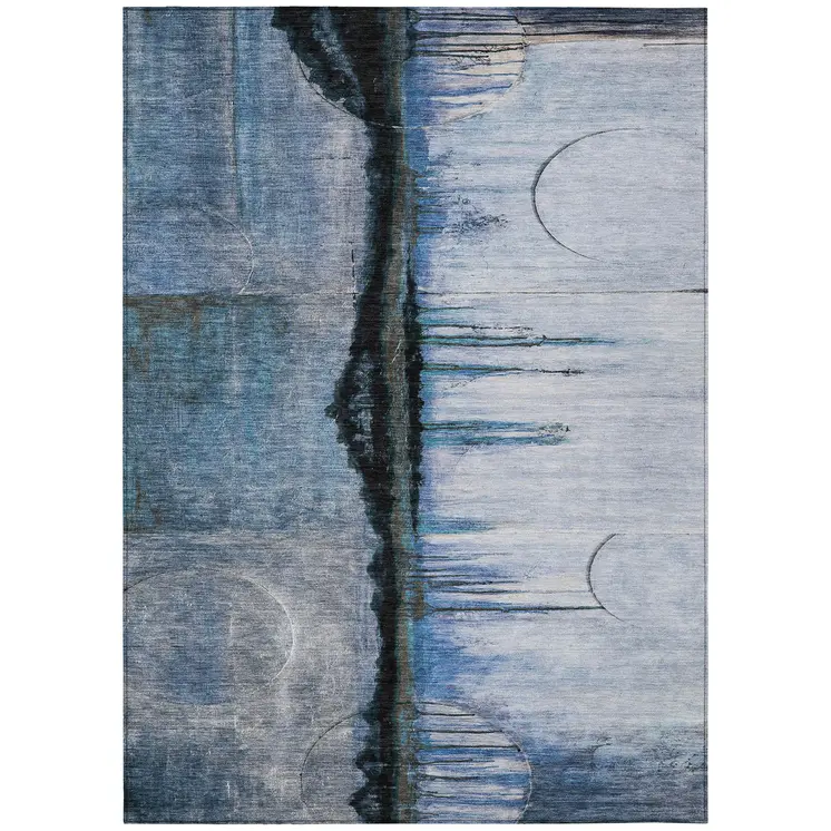 10' X 14' Blue And Charcoal Abstract Washable Indoor Outdoor Area Rug
