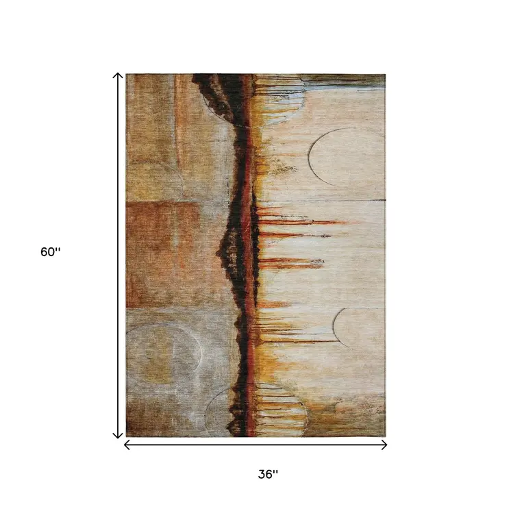 3' X 5' Rust And Charcoal Abstract Washable Indoor Outdoor Area Rug